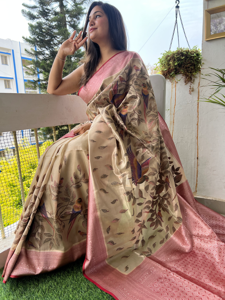 Tissue silk saree with bird motifs